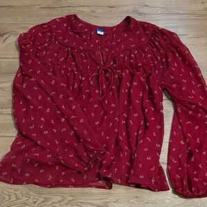 Old Navy Red Floral Tie-Neck Peasant Blouse